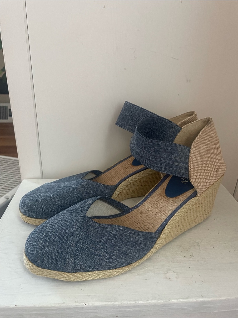 Lauren Ralph Lauren Blue Denim Espadrille Wedges with Ankle Strap